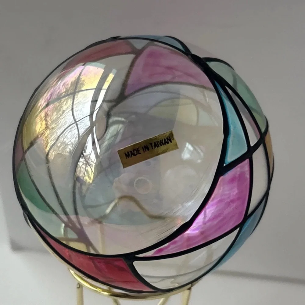 Vintage 70s Hand Painted‎ Stained Glass Ball Ornament Suncatcher Hand blown MCM